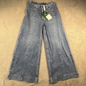 NWT Halara Flex Denim Pants Women M Blue Wide Leg High Waisted Patch Pocket